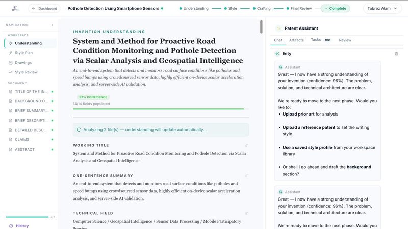 Eety AI - An AI Assistant for Patent Drafting application interface and features