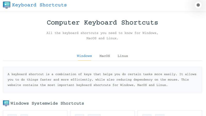 Online Keyboard Shortcuts application interface and features