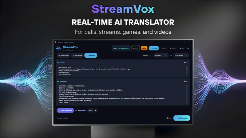 StreamVox - AI Live Translator application interface and features